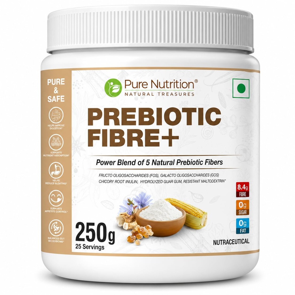 Pure Nutrition Prebiotic Fiber Powder | Soluble and Insoluble fiber Supplement Powder for Gut Health & Digestion with Natural Blend of 5 Prebiotic Fibers for Digestive Health, Supports Bowel Regularity & Gut Microbiome | Zero Sugar & Zero Fat - 250g