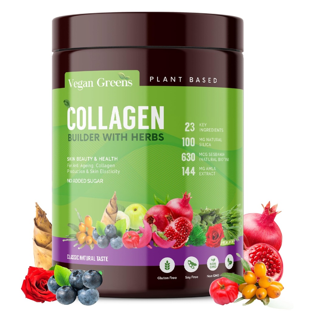 Natural Collagen Builder With Herbs. (Vitamin C, Silica, Biotin & Antioxidants from 22 Plants, Fruits & Herbs) For Anti Ageing, Skin Glow & Skin Elasticity. (250g, Classic Natural Taste)