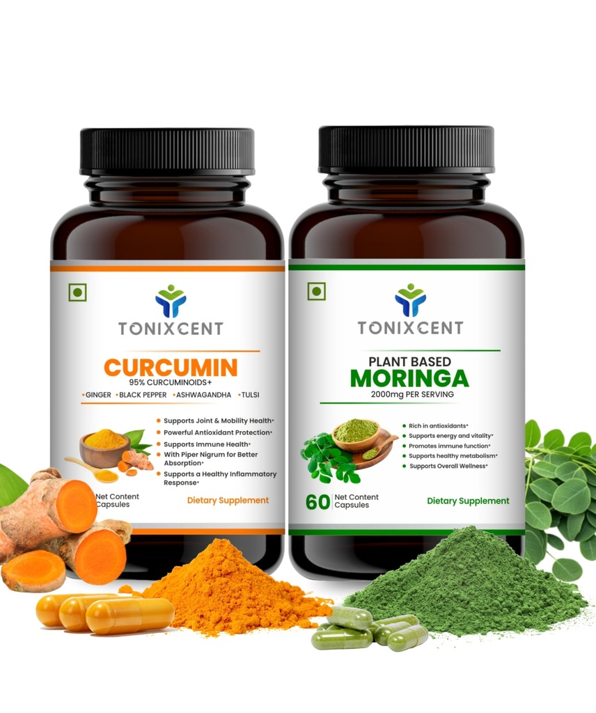Anti-Inflammatory Nutrition Duo | Curcumin & Moringa Capsules | Reduces Inflammation, Boosts Energy & Immunity | 60+60 Vegan Capsules