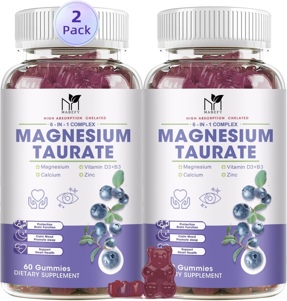 Supplément Magnésium 2 Pack - Magnésium Taurate Magnésium Glycinat Gommies avec Magnésium Aspartate, Malate, Complexe Magnésium Chewable pour le sommeil, les muscles et le soutien de la santé cardiaque