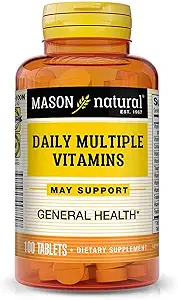 Mason Vitamines multiples quotidiennes naturelles - Vitamines A, C, D3, E, B1, B2, B3, B6, B12, Folate et calcium pour la santé globale, 100 comprimés