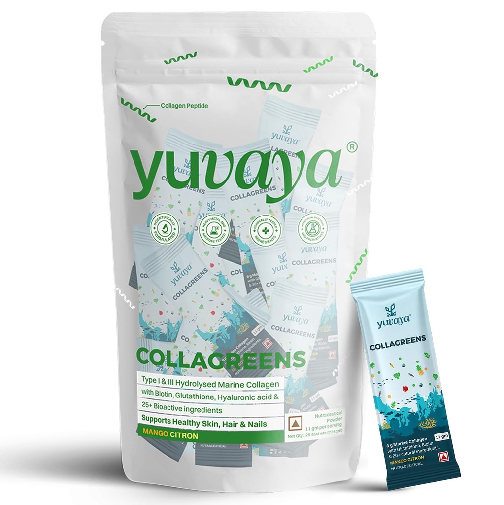 Collagreens | Advanced Hydrolysed Marine Collagen Blend with 36 bioactives for Men and Women | 25 sachets | Glutathione, Amla, Moringa, Biotin, & more | 100% Natural | No fishy taste and smell