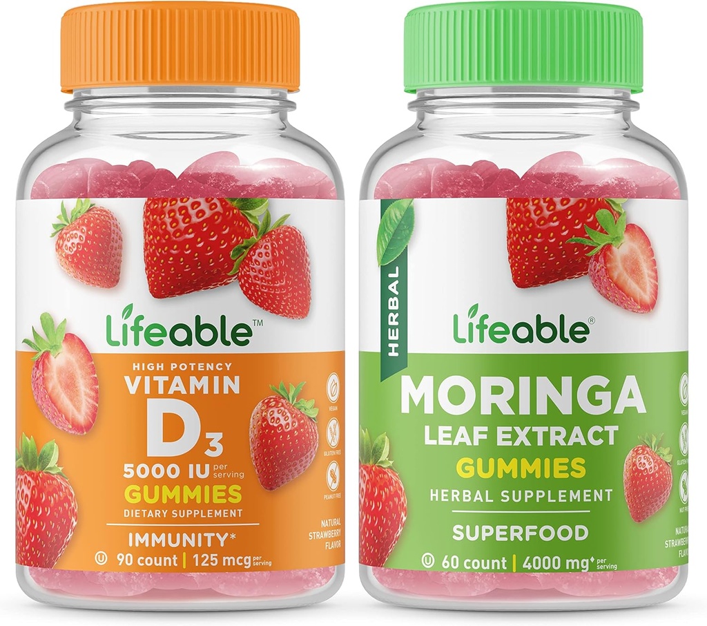 Vitamine D à vie 5000 UI + Feuille de Moringa, Gommies - Grande dégustation, supplément de vitamine, sans gluten, sans OGM, gommy à croquer