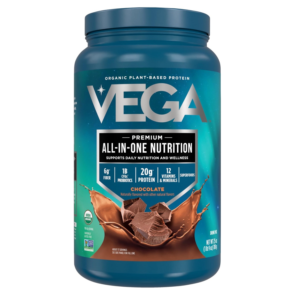 Vega bio tout-en-un en poudre de protéines végétaliennes, chocolat - Superaliments ingrédients, vitamines pour le soutien immunitaire, Keto Friendly, protéines de pois pour les femmes et les hommes, 25 Oz (paquetage mai Vary)