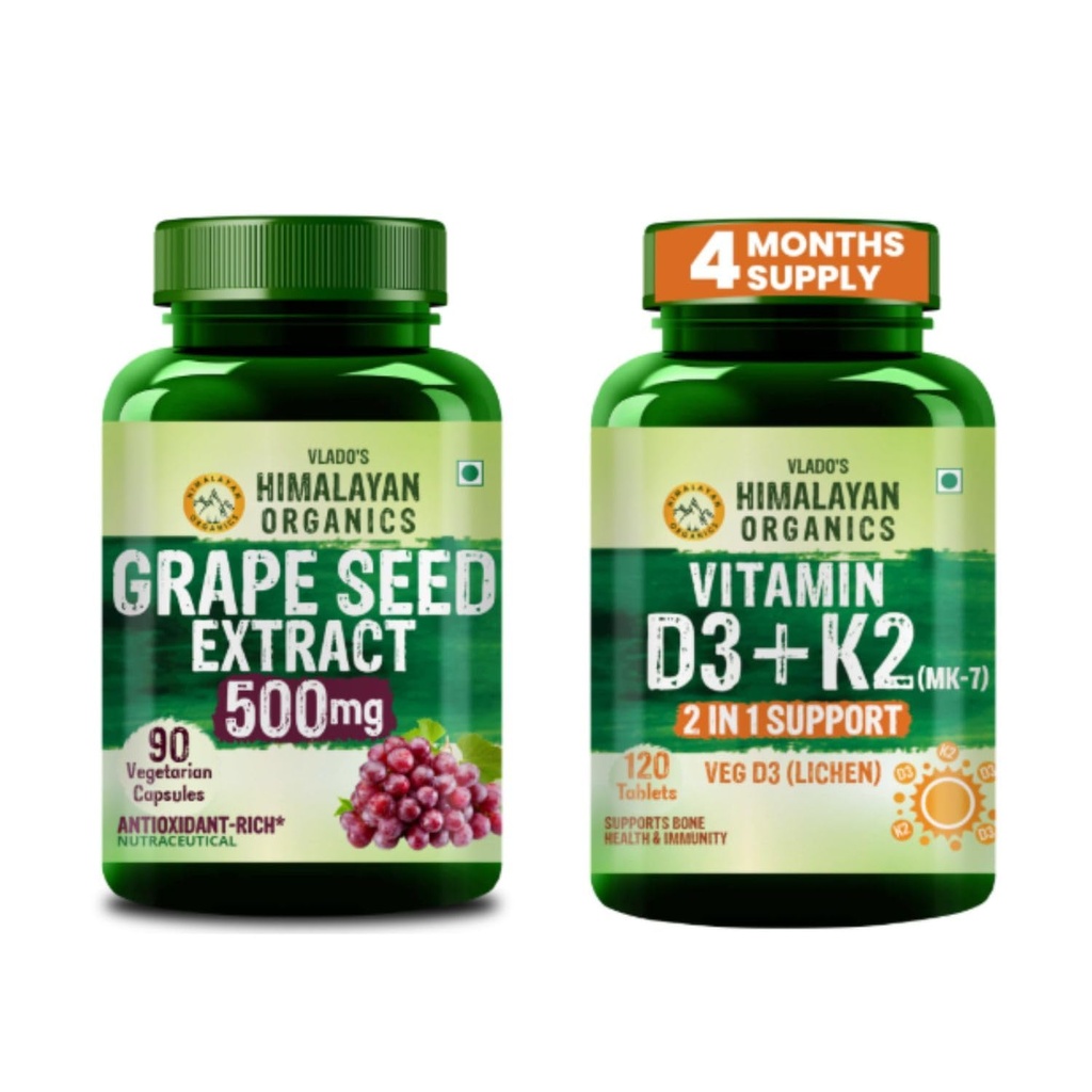 Vlado's Himalayan Organics Grape Seed Extract 500mg + Vitamin D3 K2 MK7 600 IU | Antioxidant, Bone, Calcium & Daily Wellness Support | Plant-Based Veg Supplement Combo