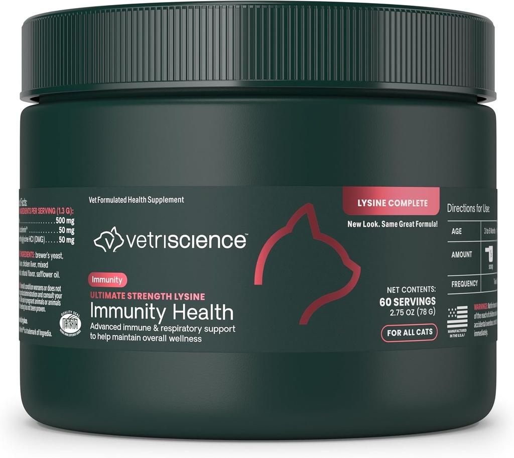 VetriScience Ultimate Strength Lysine Immunity Health Powder for Cats & Kittens, Supplément pour le support allergique et nasal, éternuement, nez runny et yeux aqueux, goût de poulet et de fromage, 60 Comte -New Look