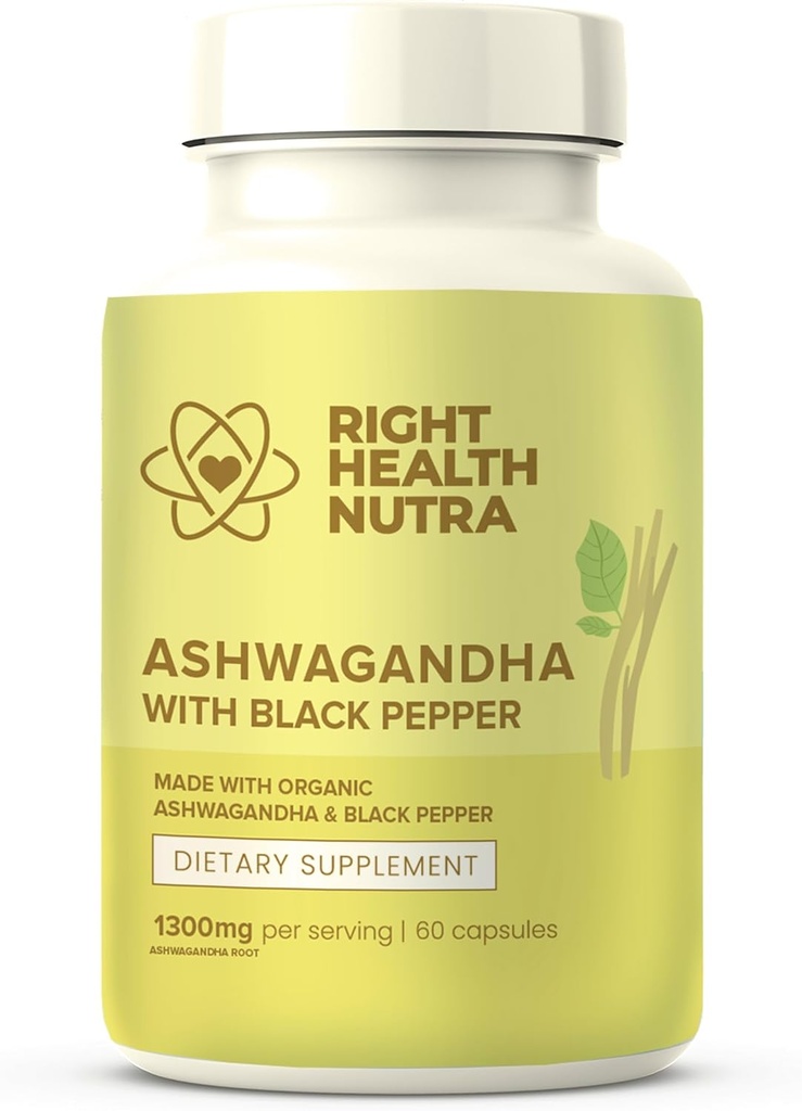 Bonne santé Nutra Ashwagandha Capsules - 60 Compte - 1300mg Par portion - Ashwagandha pour hommes et femmes avec poivre noir pour absorption maximale - Suppléments fabriqués aux États-Unis