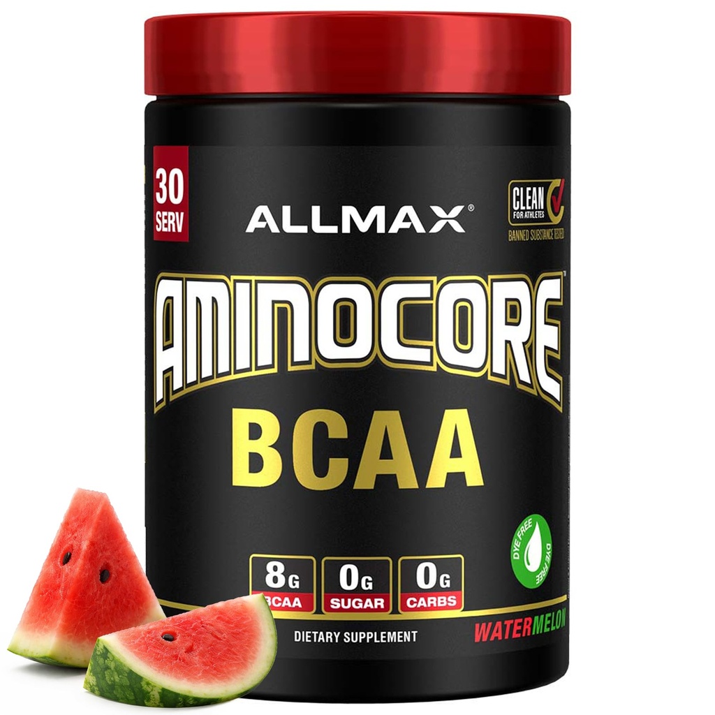 ALLMAX Nutrition AMINOCORE BCAA – 8G BCAAs – Acides aminés enchaînés 100% branches pures – Sans gluten - pastèque - 315 Gram