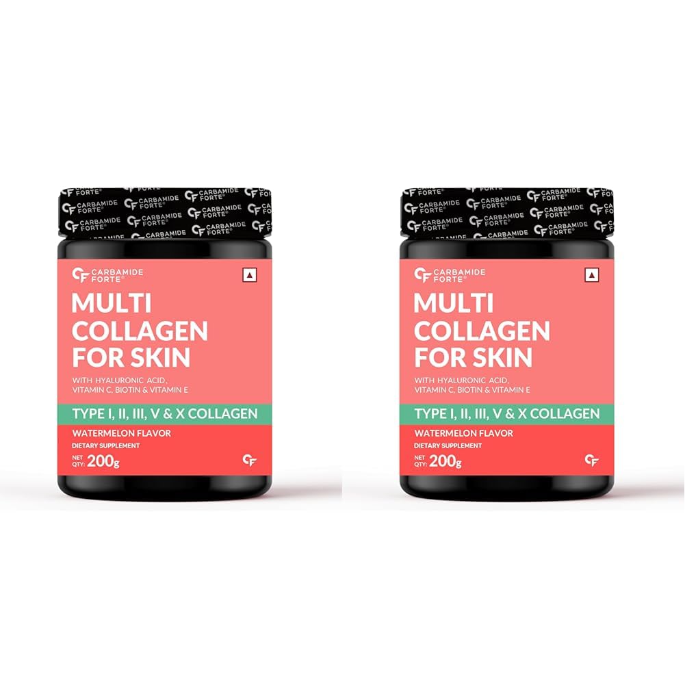 Carbamide Forte Hydrolyzed Multi Collagen Powder With Marine Collagen, All 5 Types of Collagen Peptides Included - TYPE I, II, III, V, X Collagen Supplements for Women & Men, Watermelon Flavor - 200g
