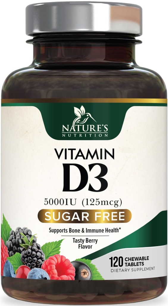 Vitamine D3 5000 UI (125 mcg) Supplément de vitamine D extra-résistant de la nature pour le soutien immunitaire Santé - Suppléments os, dents et muscles - sans sucre, sans OGM, sans gluten - 120 comprimés de comptage