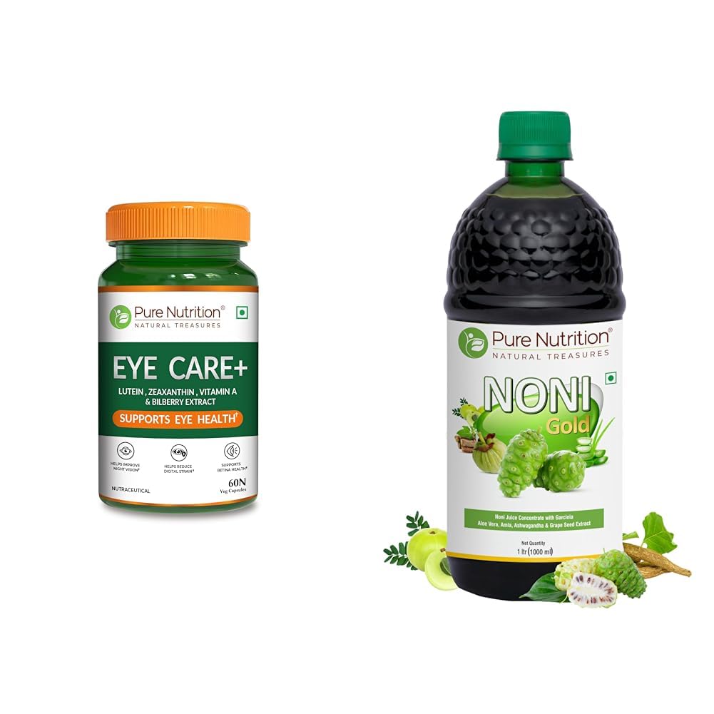 Pure Nutrition Eye Care+ 60 Veg Capsules with Lutein, Zeaxanthin, Vitamin A & Bilberry Extract | S | Pure Nutrition Noni Gold Detox Juice 1L | With Garcinia, Aloe Vera, Amla, Ashwagandha & Grape Seed