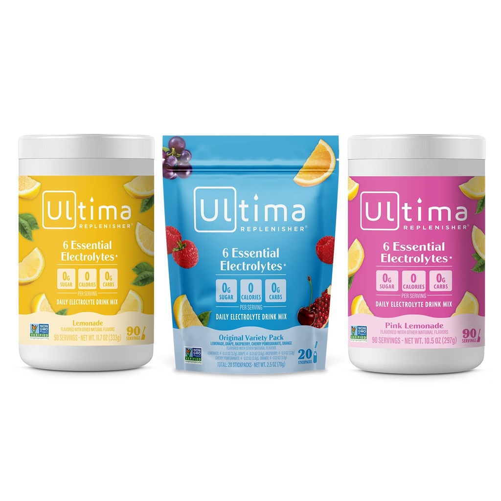 Ultima Replenisher Mélange de poudre d'électrolyte – Sans sucre – Cimonade, Cimonade rose, Variété-90 Servants, 20 Stickpacks– 6 Electrolytes et Minéraux – Céto Friendly, Vegan, Non-OGM