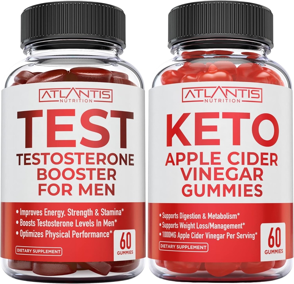 Atlantis Nutrition Testostérone Booster 60 Gummies + vinaigre de cidre de pomme Keto 60 Gummies