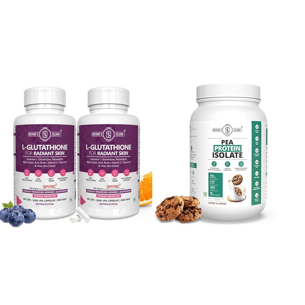 Nature's Island Japanese Glutathione 500mg with Vitamin C & E, Biotin, Resveratrol, Alpha Lipoic A | Nature’s Island Plant Protein 1 Kg | Canadian Pea Protein Isolate | Vegan | 25g Protein/Serving |