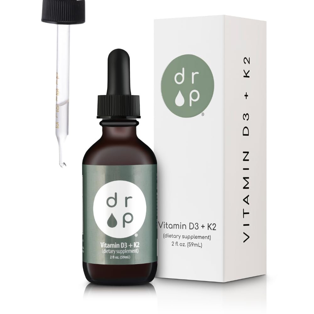 Vitamine D3 + K2 gouttes avec 1000 UI de D3 à base végétale et 45 μg de K2, supplément liquide de 2 oz pour la résistance aux os, amélioration de l'humeur - Pas de conservateurs artificiels, non aromatisés, avec huile de noix de coco MCT