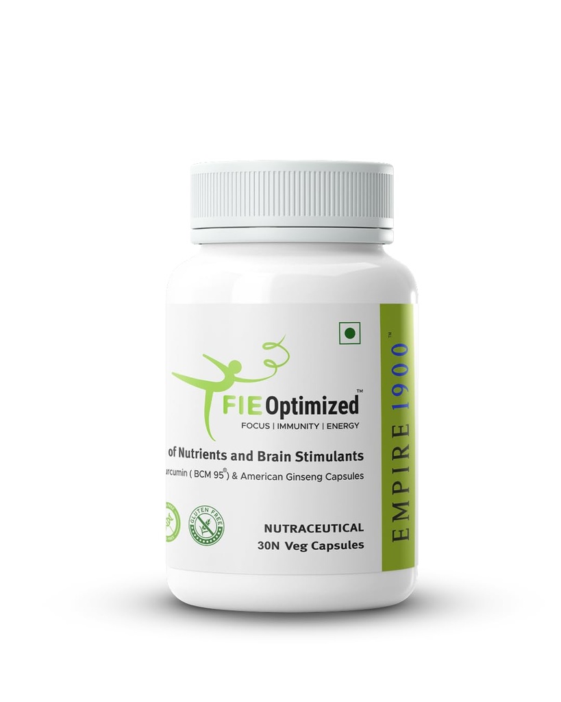 EMPIRE 1900 FIE Optimized Veg Capsules I Curcumin BCM-95 I American Ginseng & Ubiquinol I Boosts Focus, Immunity & Energy I Benefits Brain, Memory, Mood, Immune Health I Natural Energy Booster I (30 Vegetarian Capsules)