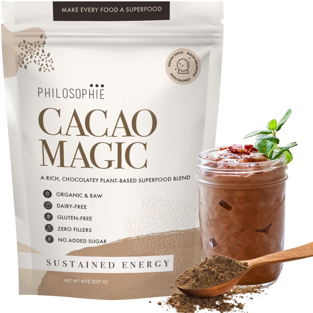 Mélange de superaliments magiques à base de cacao biologique Philosophie – poudre de protéines végétale avec du cacao brut, du champignons Reishi et de la racine de maca – supplément de chocolat végétalien non sucré, 32 portions
