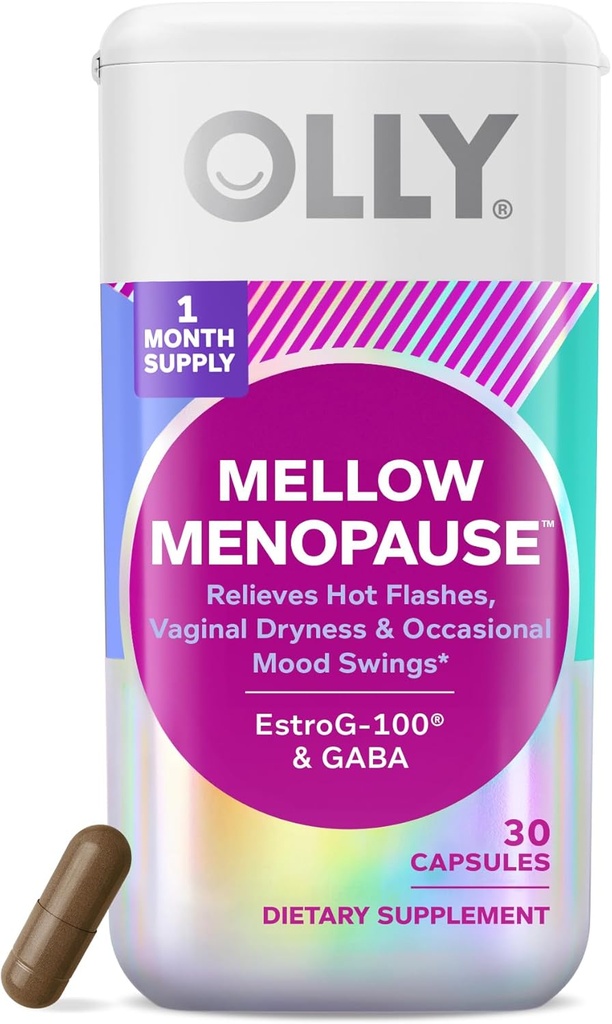 Suppléments de ménopause OLLY Mellow pour les femmes, soutient les flashs chauds, la sécheresse vaginale et les échangismes occasionnels,* Estro-G100®, GABA, Capsules végétaliennes, 1 mois d'approvisionnement - 30 comtes