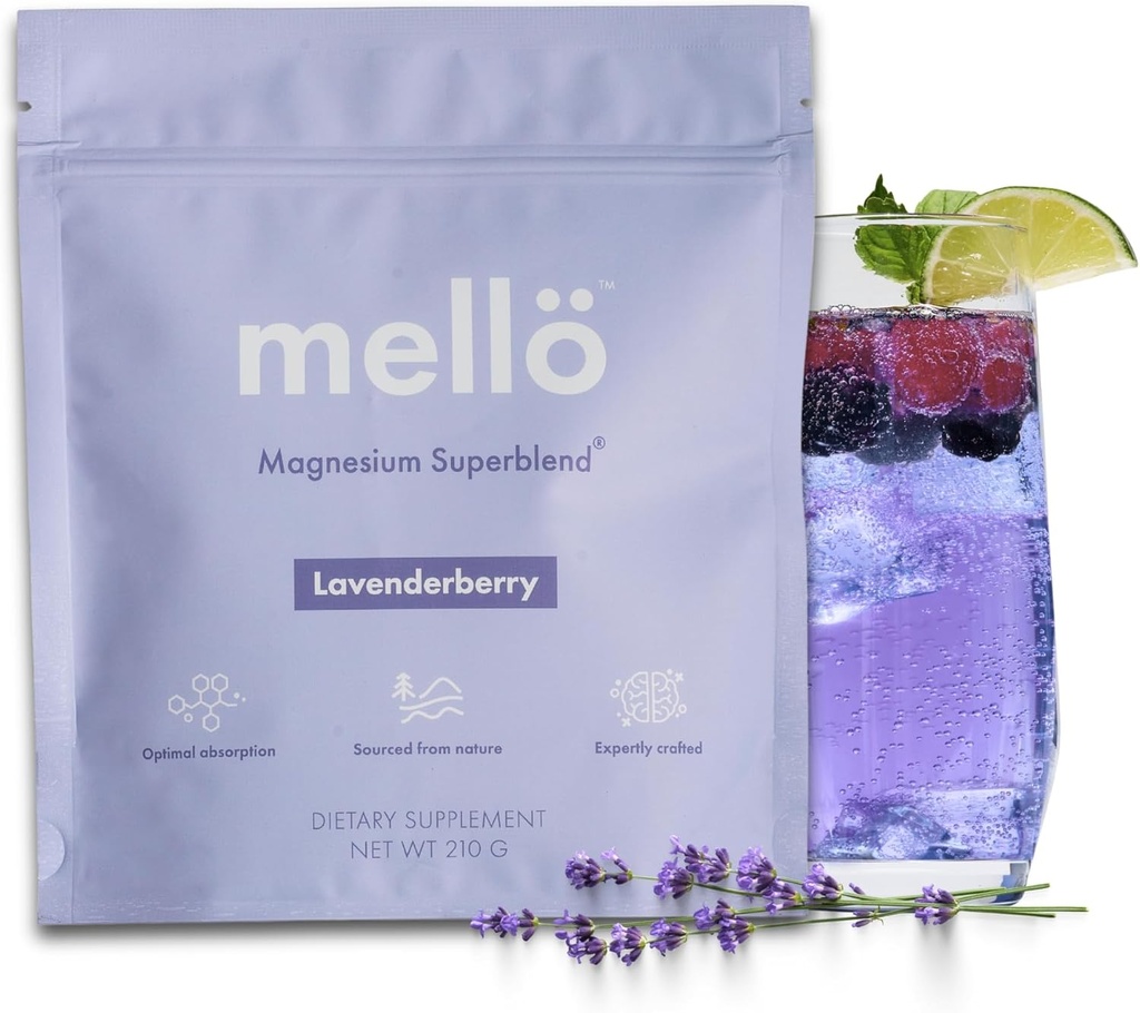 mellö Supplément Magnésium Poudre superbe - Magnésium Glycinate avec L-Theanine, GABA, et 70 Trace Minerals - Supports Sommeil, Relaxation, Énergie équilibrée - Saveur de lavande, 30 portions