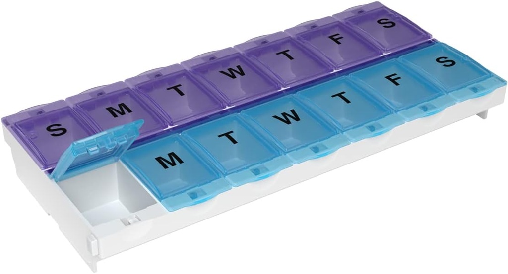 EZY DOSE (14 jours) Cas de pilule AM/PM, planificateur de médicaments, boîte d'organisateur de vitamines, compartiments de verrouillage de grande taille 2X pour sécuriser les médicaments sur ordonnance et prévenir les déversements accidentels, couleur mai Varier, sans BPA