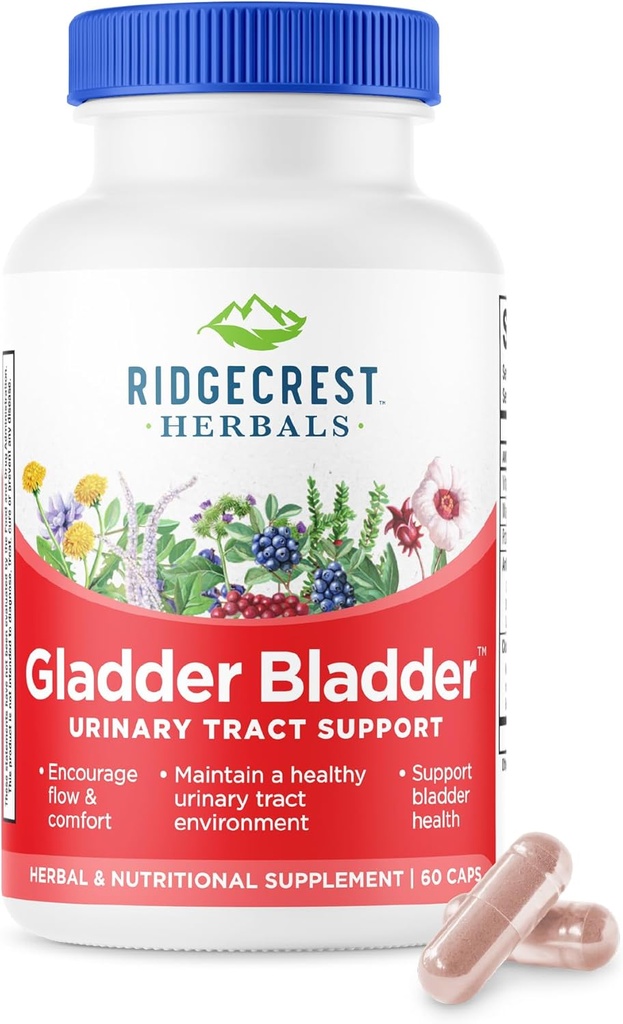 RidgeCrest Herbals Gladder Bladder, Supplément de santé à l'urine. Contient vitamine B6, magnésium, potassium avec canneberge et extrait d'hibiscus. Aide à soutenir des reins en santé (60 capsules de légumes, 30 portions)