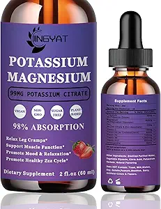 Supplément de magnésium de potassium gouttes liquides - Sans OGM et sans gluten - Citrate de potassium complexe de magnésium à absorption élevée 99mg, zinc, vitamines C, D3, complexe B pour os, coeur, muscles et nerf