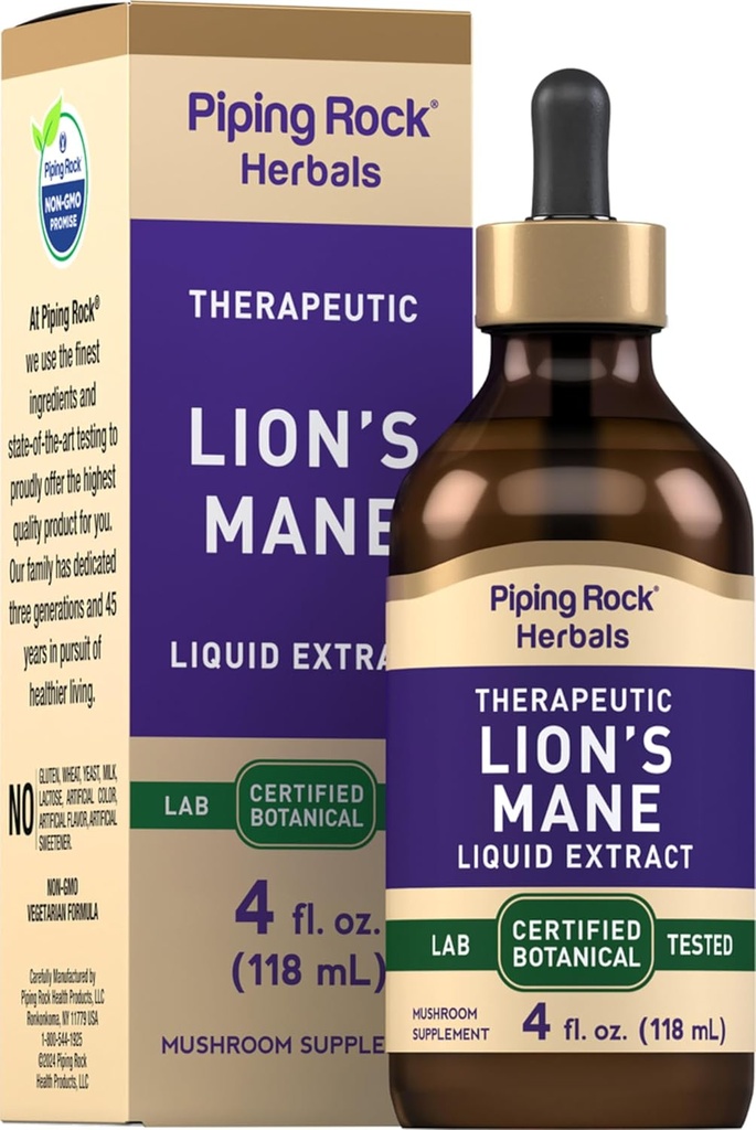Piping Rock Lions Mane Tincture | 4 Fl Oz | Mushroom Extract Liquid Drops | Alcohol Free Supplement | Vegetarian, Non-GMO, Gluten Free