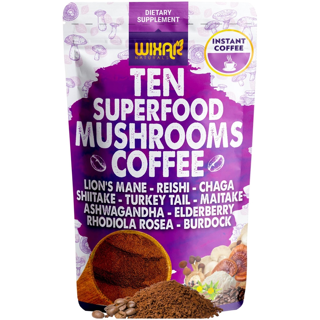 WIXAR Superfood Café de champignons - Poudre de café instantanée, Dix extraits de superaliments avec la Mane de Lion, Turquie Tail, Reishi, Chaga, Shiitake, Ashwagandha, Rhodiola Rosea, Elderberry, Supplément de champignons 5oz