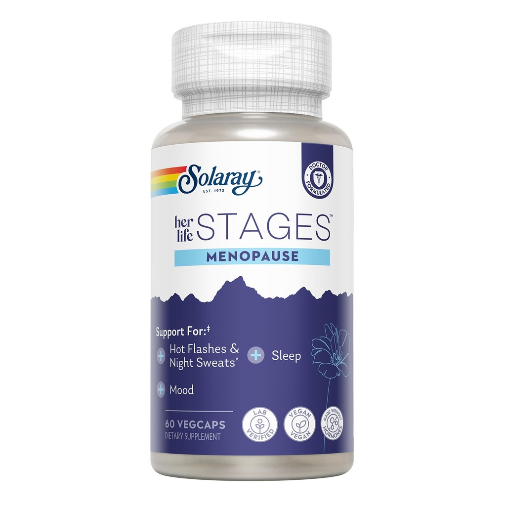 SOLARAY Ménopause sa vie Stages - Suppléments de ménopause pour les femmes - Soutiens Mood, Sleep, Flashs chauds, Sueurs de nuit - Vegan, Sans gluten - Garantie de 60 jours - 30 portions, 60 VegCaps