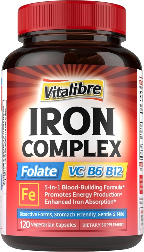 Supplément en fer pour les femmes et les hommes, avec des vitamines C, B6, B12 & Folate pour la carence en fer, Blood Building & Energy Support, Stomach Friendly, Meilleure absorption, Non-OGM, Pas de gluten,120 Caps végétaliens