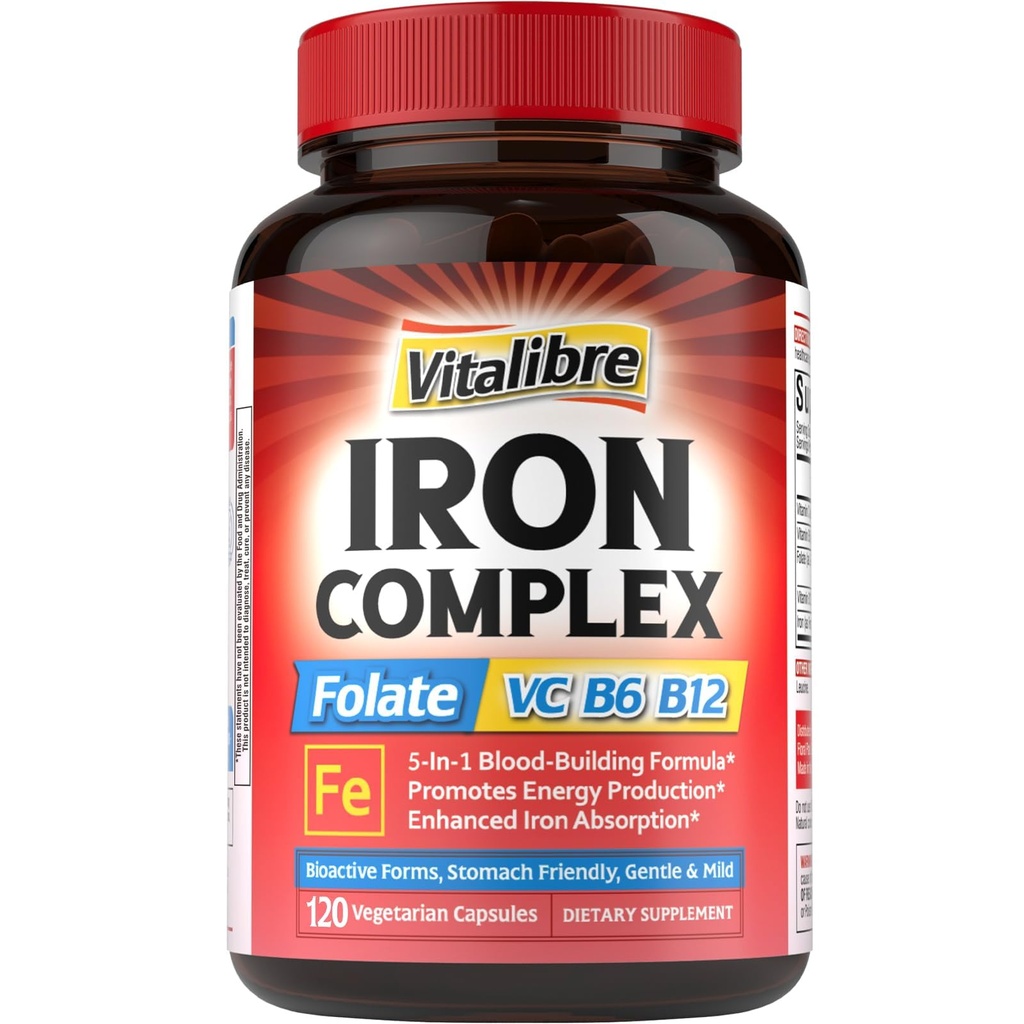 Supplément en fer pour les femmes et les hommes, avec des vitamines C, B6, B12 & Folate pour la carence en fer, Blood Building & Energy Support, Stomach Friendly, Meilleure absorption, Non-OGM, Pas de gluten,120 Caps végétaliens