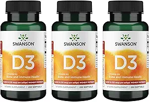 Swanson Vitamine D3 - Supplément de vitamine Promotion de la santé des os et du système immunitaire - Soutien naturel pour la distribution et l'absorption du calcium - (250 Softgels) 3 Pack