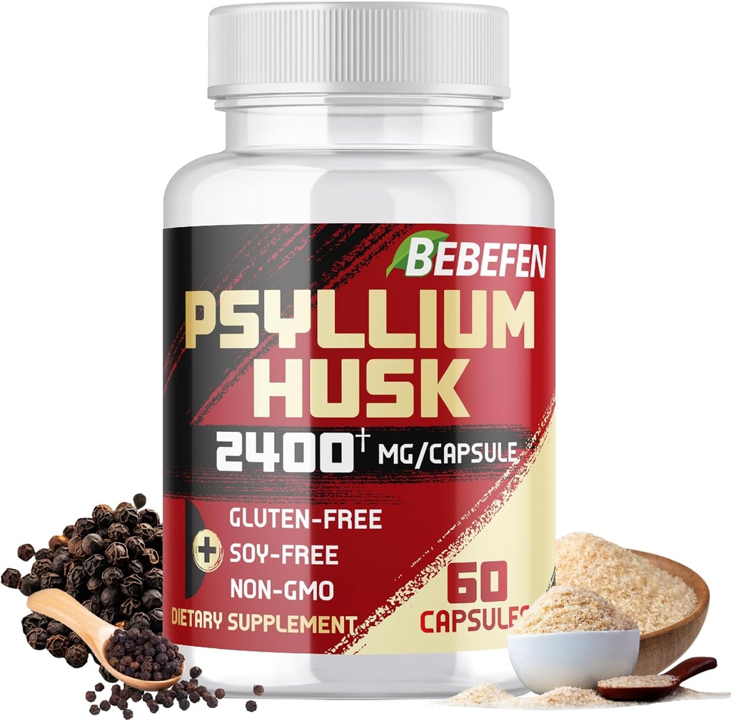 BEBEFEN Psyllium Husk Capsules 2400mg avec poivre noir - 2 mois d'approvisionnement - fibre soluble quotidienne pour la santé de Gut - formule sans OGM et sans gluten