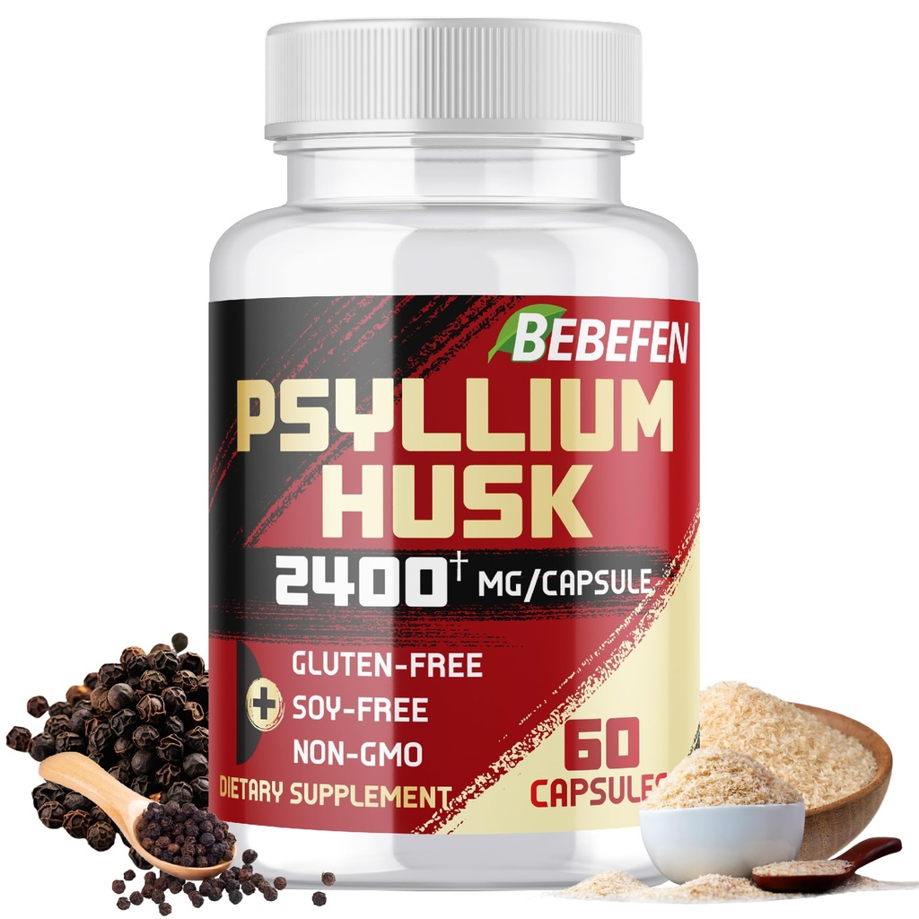 BEBEFEN Psyllium Husk Capsules 2400mg avec poivre noir - 2 mois d'approvisionnement - fibre soluble quotidienne pour la santé de Gut - formule sans OGM et sans gluten