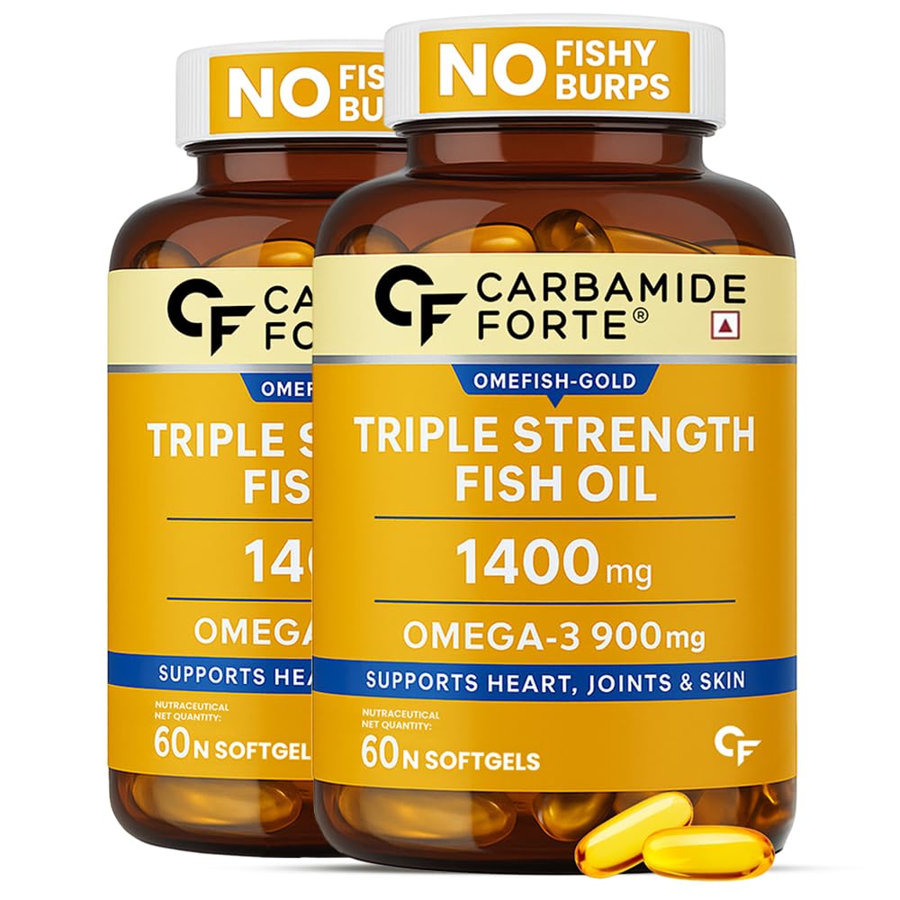 Carbamide Forte Triple Strength Omega 3 Fish Oil Capsule with 495 mg EPA & 330 mg DHA | 60 Softgel Capsules | Supports Heart, Joints and Skin (Pack of 2)
