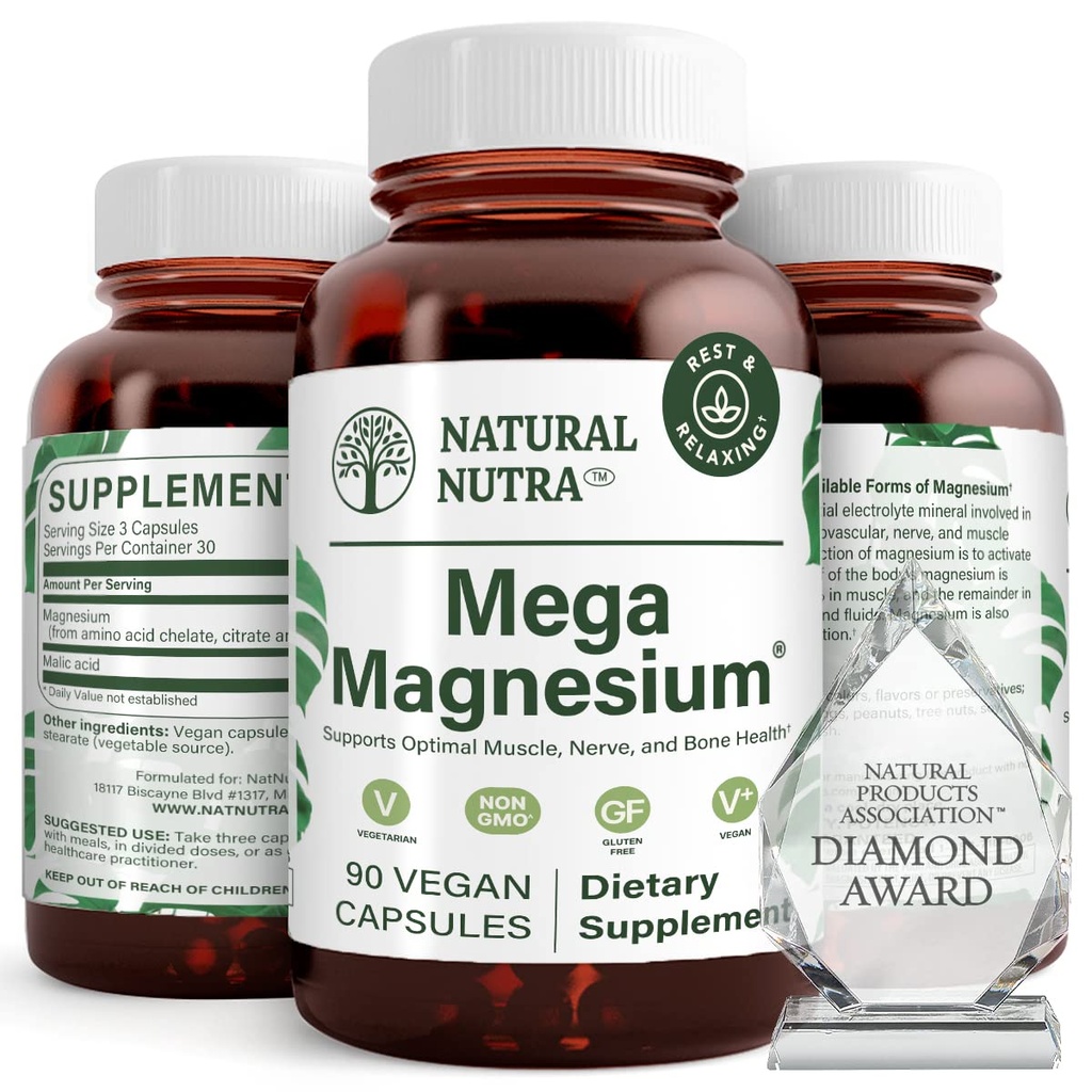 Supplément naturel Nutra Mega Magnésium 400mg - Chélate d'acide amino à haute absorption, meilleures vibrations, citrate, mélange de malate pour la croissance musculaire, force osseuse, santé cardiaque, soutien nerveux - 90 capsules