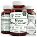 Supplément naturel Nutra Mega Magnésium 400mg - Chélate d'acide amino à haute absorption, meilleures vibrations, citrate, mélange de malate pour la croissance musculaire, force osseuse, santé cardiaque, soutien nerveux - 90 capsules