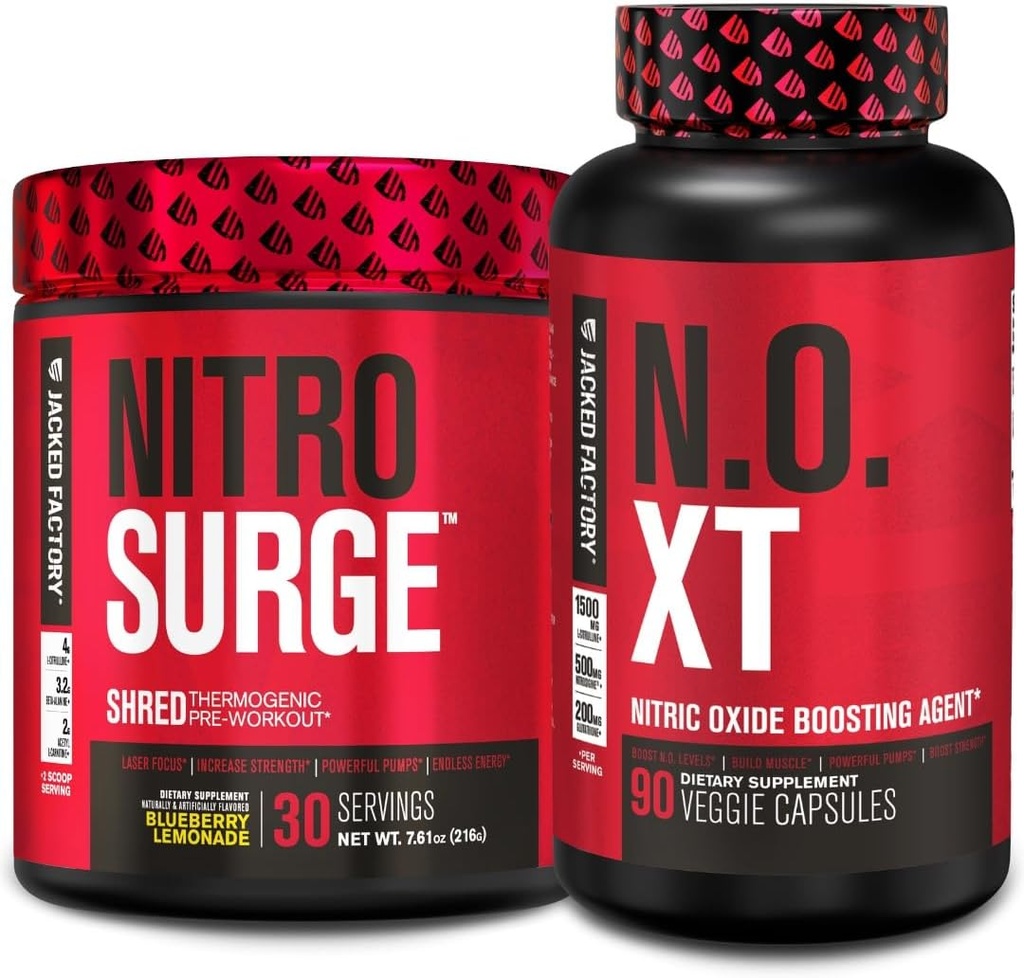 Usine Jacked Nitrosurge Shred Thermogen Pre-Workout dans Blueberry Lemonade & N.O. XT Nitric Oxide Booster pour hommes et femmes