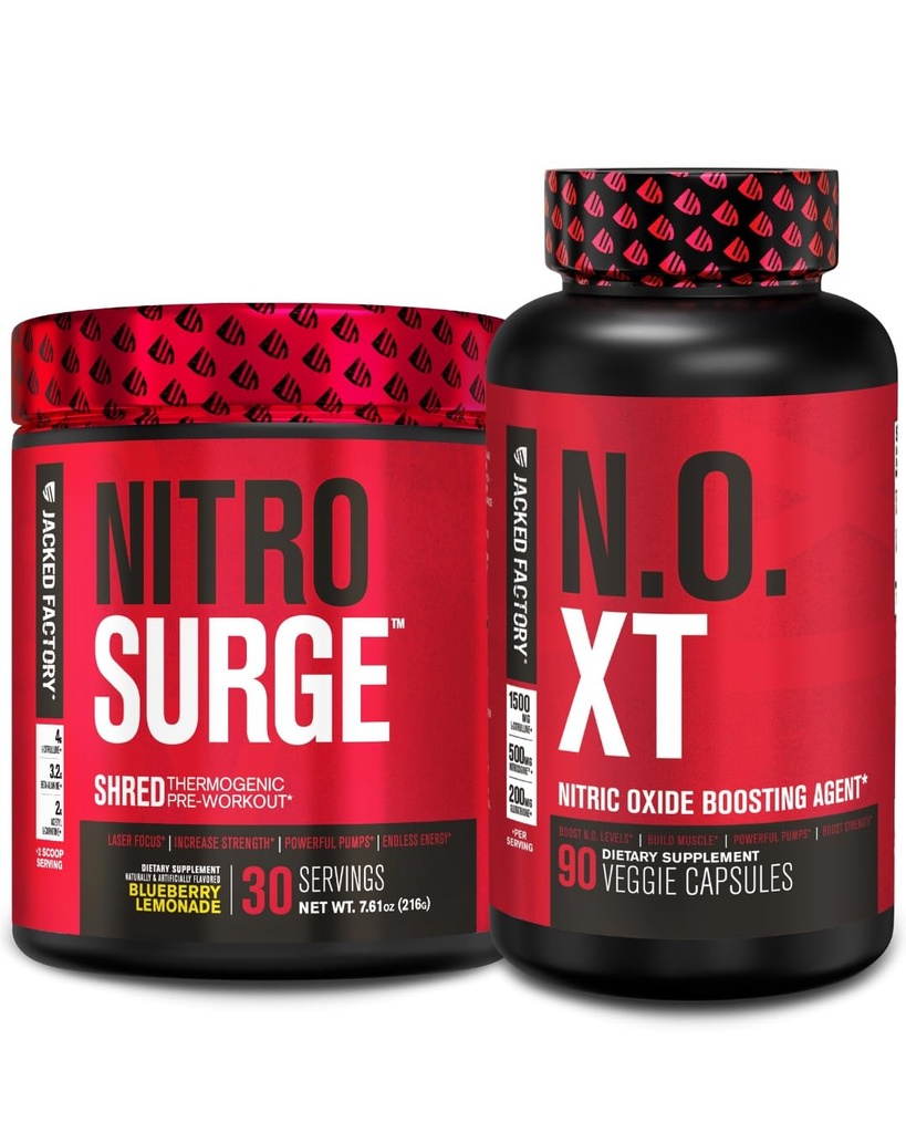 Usine Jacked Nitrosurge Shred Thermogen Pre-Workout dans Blueberry Lemonade & N.O. XT Nitric Oxide Booster pour hommes et femmes
