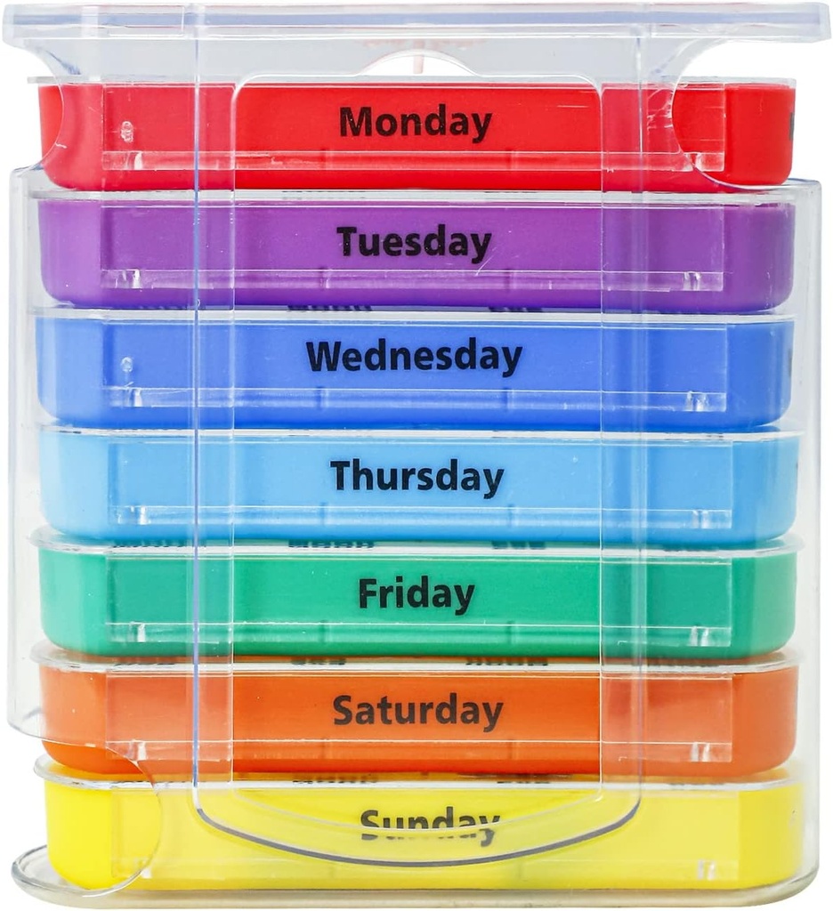Organisateur hebdomadaire de pilules pour 1 jour 4 fois d'approvisionnement, KIGI 7 jours Stackable Pill Dispenser Vitamines Contenants (Rainbow)