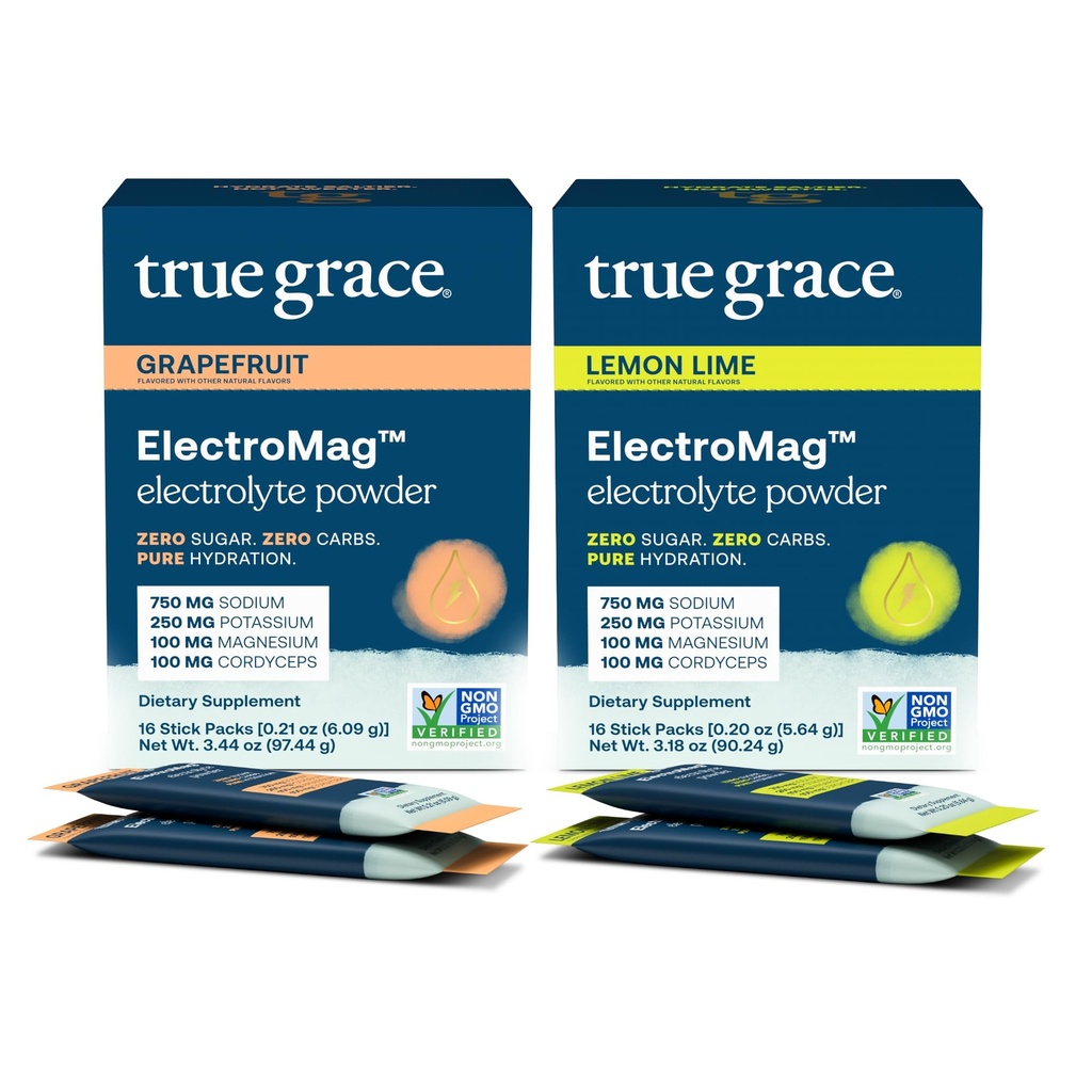 True Grace ElectroMag - Pamplemousse (16 Stick Packs) + Citron Lime (16 Stick Packs) - Poudre d'électrolyte pour une hydratation rapide - Zéro sucre et glucides - Non-OGM - 32 Total des portions