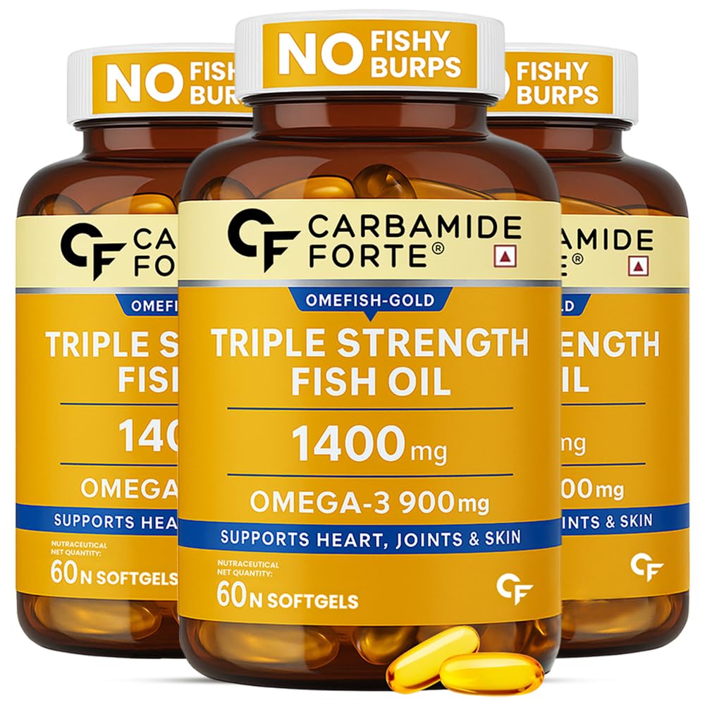 Carbamide Forte Triple Strength Omega 3 Fish Oil Capsule with 495 mg EPA & 330 mg DHA | 60 Softgel Capsules | Supports Heart, Joints and Skin (Pack of 3)