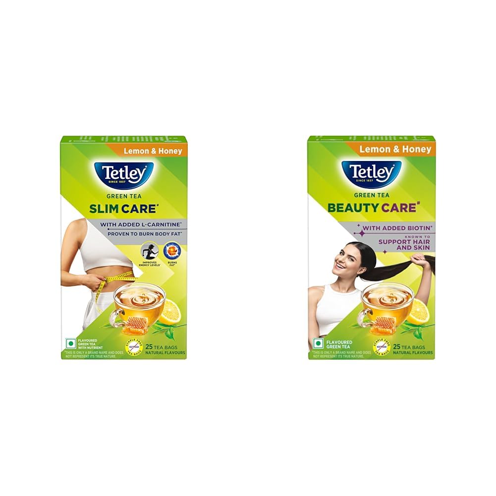 Tetley Green Tea Slim Care, With Added L-Carnitine, Helps Burn Body Fat, Boosts Energy, Low + Tetley Green Tea Beauty Care, With Added Biotin, Supports Hair and Skin, 0 Calories, Natural