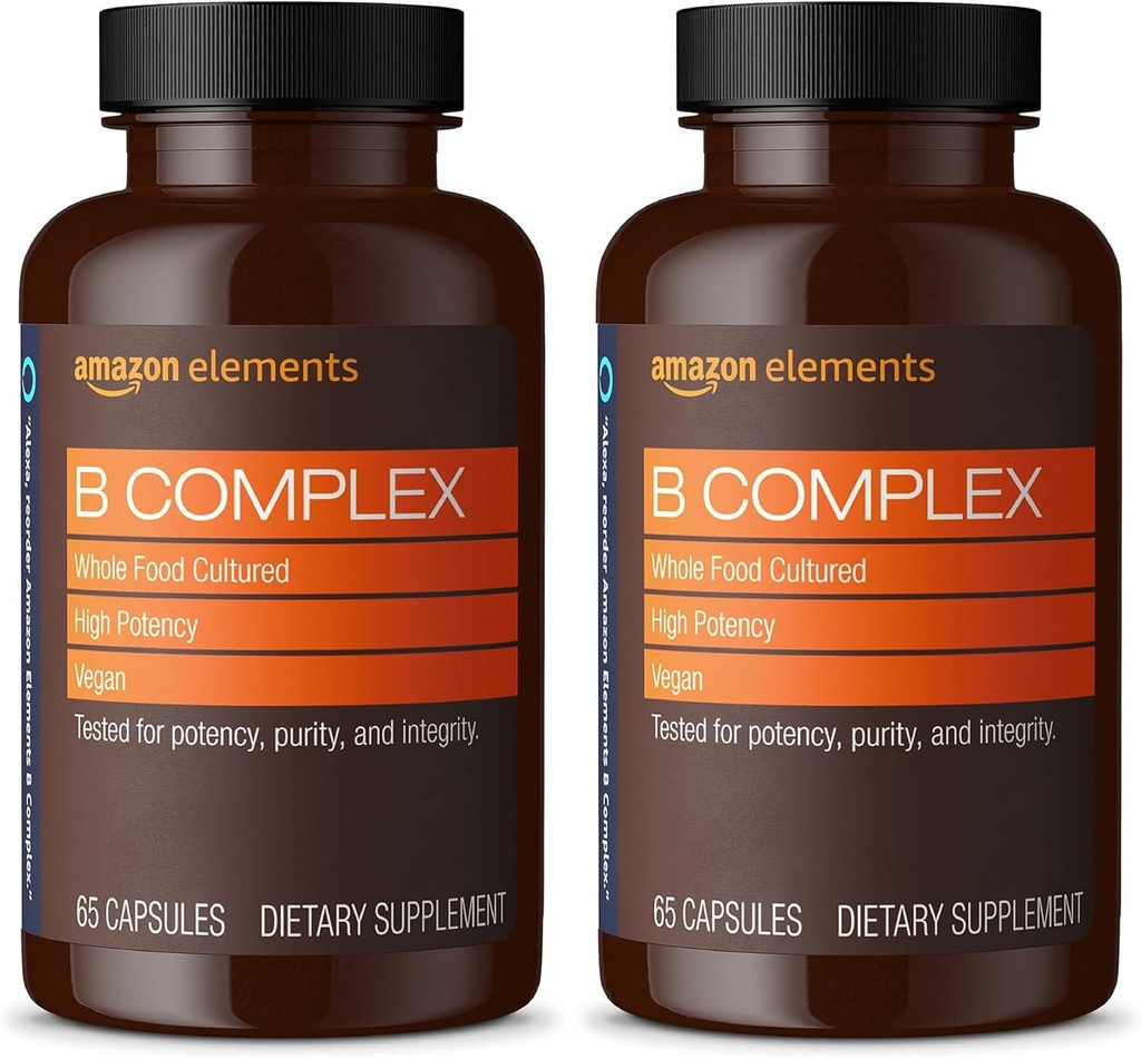 Eléments B complexe, haute puissance, 83% aliments entiers cultivés, soutient le métabolisme immunitaire et l'énergie normale, végétalien, 65 capsules, 2 mois d'approvisionnement (emballage mai vary) (paquet de 2)