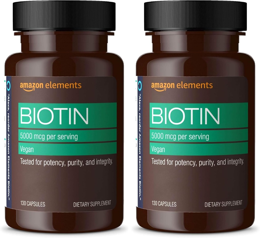 Amazon Elements Vegan Biotin 5000 mcg - Hair, Skin, Nails, 130 Capsules (4 Month Supply) (Packaging May Vary) (Pack of 2)