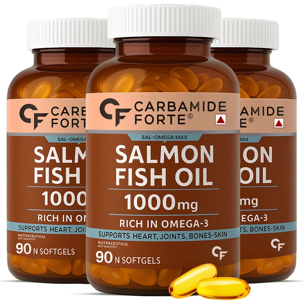 Carbamide Forte Salmon Fish Oil Omega 3 Capsule 1000 mg | 90 Softgel Capsules | EPA 180 mg & DHA 120 mg | Supports Heart, Joints, Bones & Skin (Pack of 3)