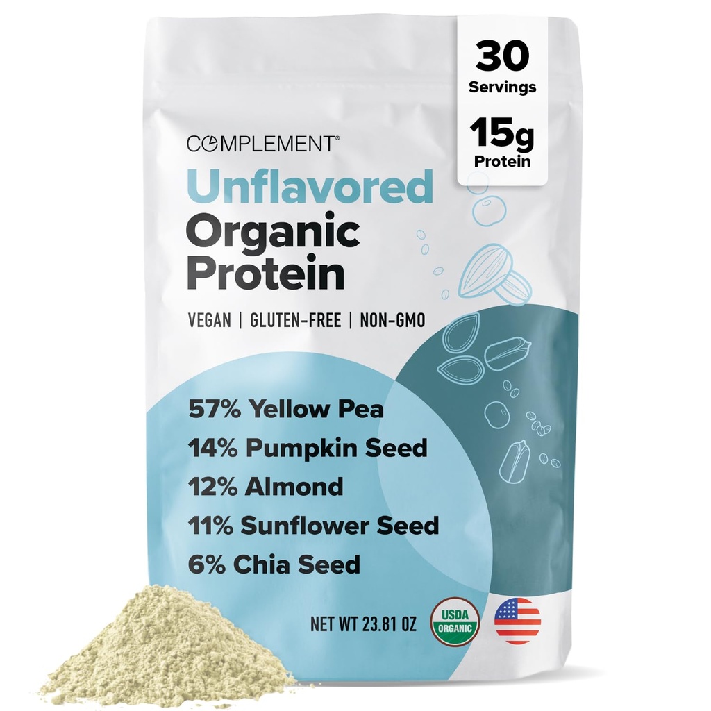 Complément poudre de protéines végétales organiques non aromatisées (30 portions) faible teneur en glucides, faible teneur en calories, sans sucre, sans soja, sans OGM, sans gluten, sans lait - pois jaunes, graines de citrouille - poudre de protéines à base végétale de 15g