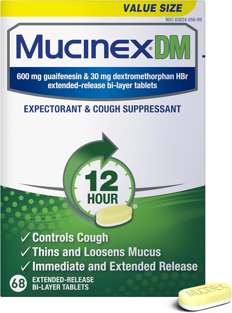 Mucinex DM 12Hr Conggestion thoracique et médecine de la toux pour adultes, rhume et de la toux pour le soulagement de l'excès de mucus, 600 mg Guaifenesine et 30 mg Dextrométhorphane HBr, 68 comprimés bi-layer