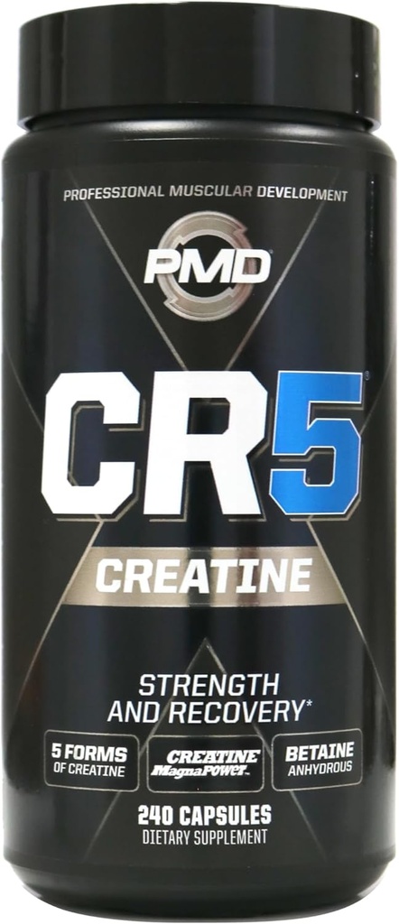 PMD Sports CR5 Complexe professionnel de créatine - Amélioration de la récupération, réduction de la douleur, gain de masse musculaire maigre - Power 5 mélange de créatine pour la force, l'endurance et la récupération (240 gélules de créatine)