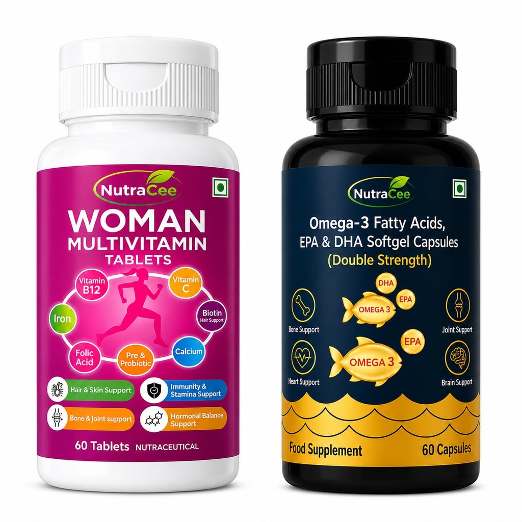 Women's Wellness Combo | Women Multivitamin Tablets (60 Tablets) + Omega 3 Fish Oil Capsules (60 Softgels) | EPA DHA, Vitamins, Minerals, Biotin & Folic Acid | Immunity, Hair, Skin, Heart & Brain Support